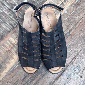Comfortiva Faye Black Nubuck Leather Open Toe Slingback Sandals - Size 6.5 W